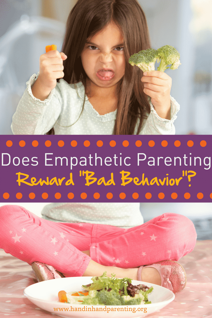 Grumpy girl poking her tongue out about vegetables in post asking if empathetic parenting rewards bad behavior