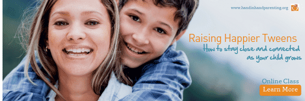 Boy hugging mom in advert for Raising Happier Tweens online class